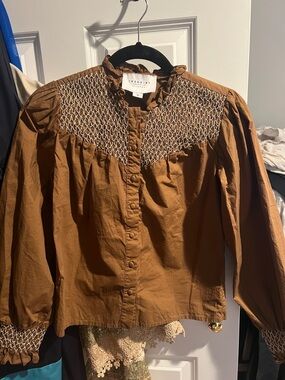 The Shirt by Rochelle Behrens Brown Smocked Yoke Button-Front Blouse